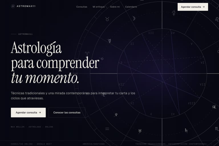 Captura del sitio AstroMax11: portada oscura con carta astral de fondo y tipografía serif editorial