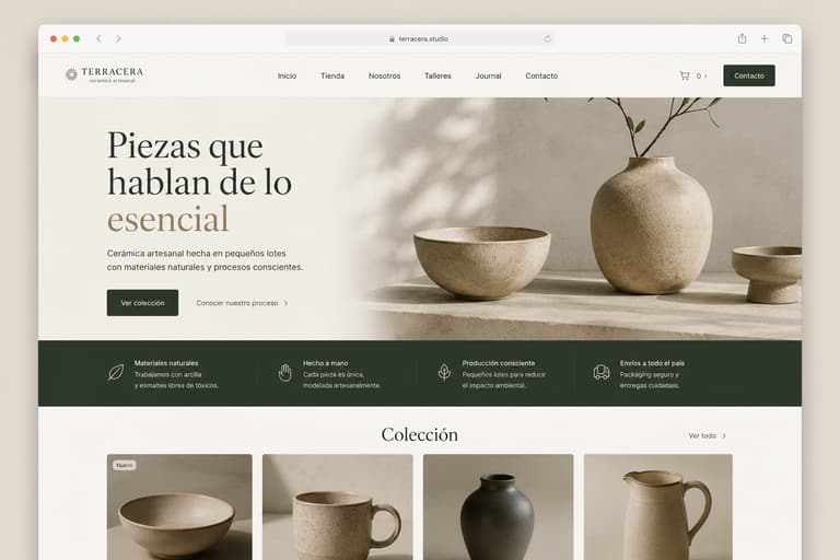 Tienda online de cerámica artesanal para terrazas y decoración, con branding editorial