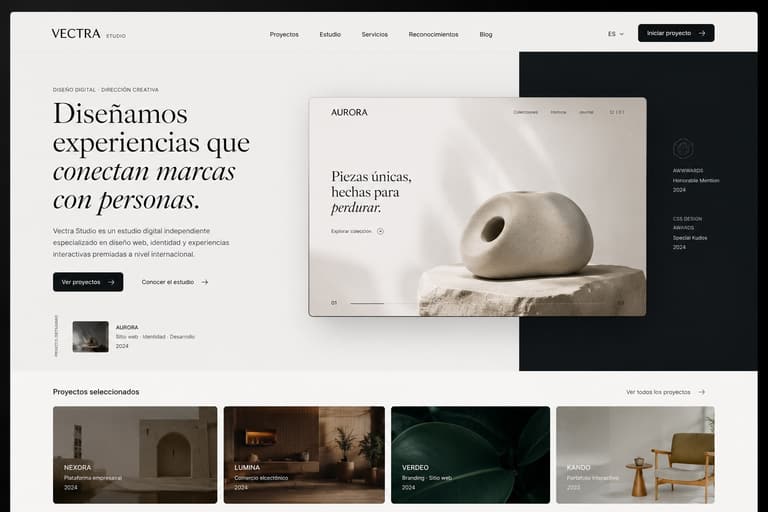 Portfolio web de estudio creativo con galería interactiva y tipografía expresiva